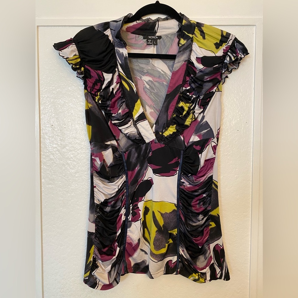 Vintage 90's XOXO V-neck Colorful Print Top Flutter Sleeve Women's Size Large